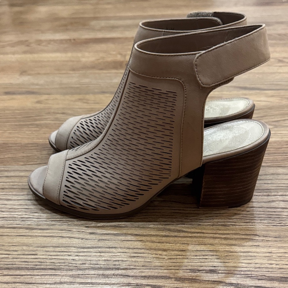 Vince Camuto Taupe Peep-Toe Block Heels